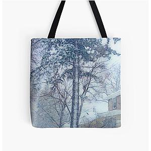 Snowfall with Evergreen and a Little Brick House painting All Over Print Tote Bag RB0301