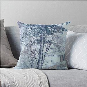 Snowfall with Evergreen and a Little Brick House painting Throw Pillow RB0301