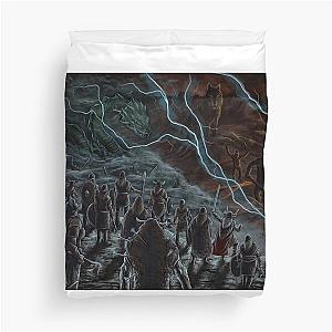 Viking warriors facing Fenrir and Jormungand Duvet Cover