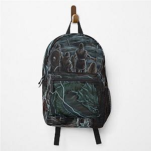 Viking warriors facing fenrir and jormungand back pack