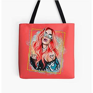 Copy of New look Karol G with Red Hair Illustration with Bichota Word All Over Print Tote Bag RB2306