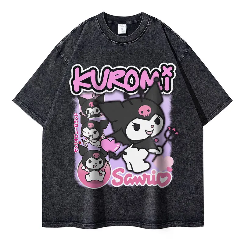 Kuromi Cartoon Oversized Vintage Washed T-shirts | Kuromi Plush Shop ...