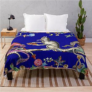 WEIRD MEDIEVAL BESTIARY THREE HUNTER CATS AND MOUSE IN NIGHT BLUE Throw Blanket