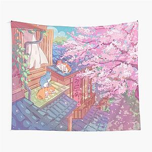 The cute cats, rooftops, and pink cherry blossom  Tapestry