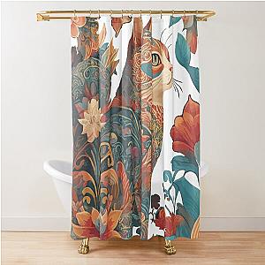 Cat in Floral Folk Art illustration Shower Curtain