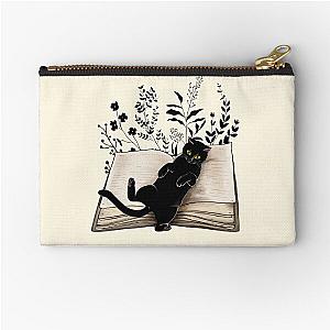 Black Cat reading a books, watercolor style, flowers growing from book, cats and books lovers Zipper Pouch