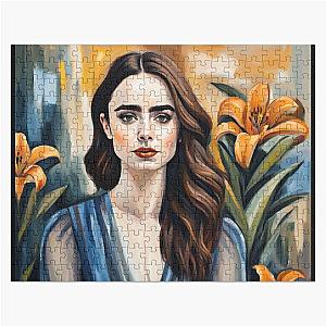 Emily in Paris Lily Collins picture with lily flowers Jigsaw Puzzle