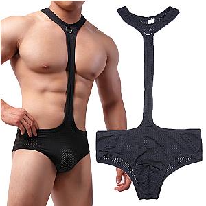 Mankini Leotard Halter Bodysuit Wrestling Singlet Black