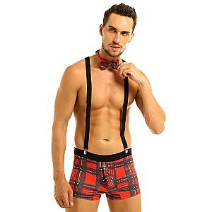 Sexy Mens Mankini Waiter Costume Plaid Bodysuit