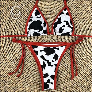 The Cow Print Bikini – Lacing up Bandage Female Swimwear Red Border