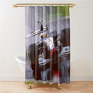 Mika Hakkinen racing his 1998 MP4-13 F1 race car in the rain abstract oil painting Shower Curtain