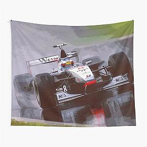 Mika Hakkinen racing his 1998 MP4-13 F1 racecar in the rain abstract oil painting on tapestry