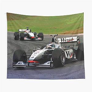 Mika Hakkinen racing his 1998 MP4-13 F1 race car tapestry