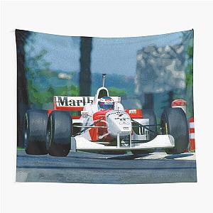 Mika Hakkinen racing his 1996 MP4 11 F1 race car on Imola tapestry
