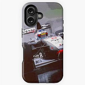 Mika Hakkinen racing his 1998 MP4-13 F1 racecar in the rain abstract oil painting phone case.