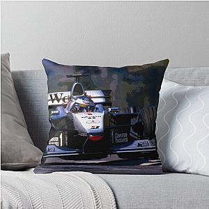 Mika Hakkinen racing his 1999 MP4-14 F1 race car throw pillow