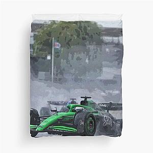 Nico Hulkenberg racing his 2025 F1 car in the rain towards his first  podium at the British Grand Prix on an abstract Duvet Cover