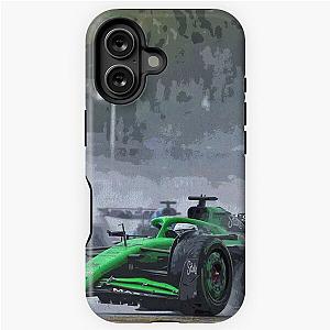 Nico Hulkenberg racing his 2025 F1 car in the rain towards his first podium at the British Grand Prix
