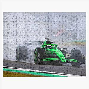 Nico Hulkenberg racing his 2025 F1 car at Silverstone in the rain during the British Grand Prix for his first podium