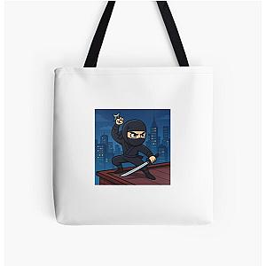 Cartoon Ninja Warrior on Rooftop Night Skyscraper Scene All Over Print Tote Bag