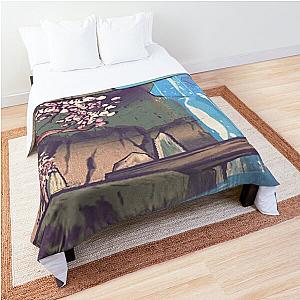 Okami Video Game Sakura Blossom Cherry Waterfall Rainbow Comforter