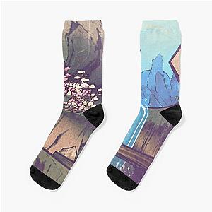 Okami Video Game Sakura Blossom Cherry Waterfall Rainbow Socks