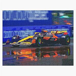 Oscar Piastri racing his 2024 F1 race car in the rain watercolour Jigsaw Puzzle
