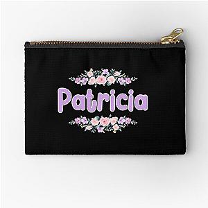 Purple Flower Patricia Name Label Zipper Pouch (Black)
