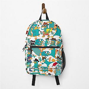 Perry the Platypus Phineas and Ferb Collage Pattern Design White Background Backpack