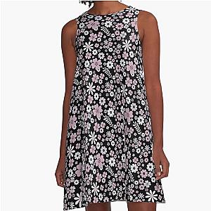 Pretty in Pink Flowers Spring Floral Pattern - Black A-Line Dress