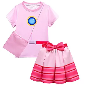 Princess Peach Girls Fantasia Outfits Short Sleeve T Shirt Skirt Pink Bag Costume