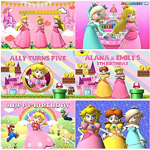 Peach Princess Super Mario Bros Background Kids Party Birthday Banner