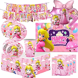 Princess Peach Party Supplies Girl Birthday Party Disposable Tableware Balloon Background