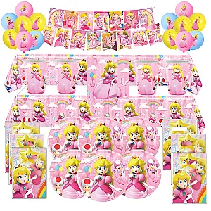 Princess Peach Party Supplies Cake Toppers Tablecloth Backdrop Banner Balloons