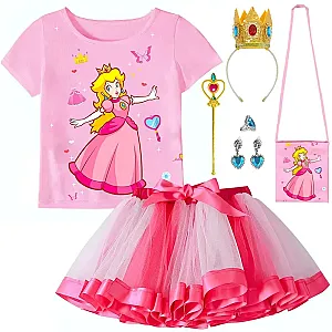 Princess Peach Fancy Game Cartoon Cosplay Pink T-shirts Dress