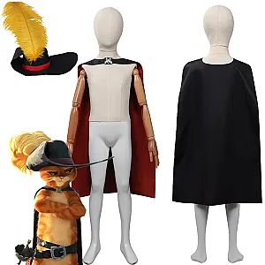 Puss In Boots Cartoon Cat Hat Cloak Kids Cosplay Costume