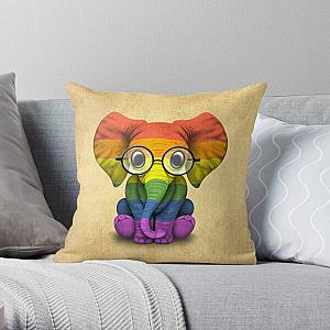 Baby Elephant with Glasses and Gay Pride Rainbow Flag Throw Pillow RB1603