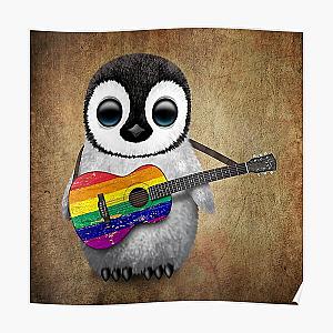 Baby Penguin Playing Gay Pride Rainbow Flag Guitar Poster RB1603