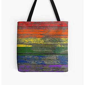 Rainbow Bags - Gay Pride Rainbow Flag on Rough Wood Boards Effect All Over Print Tote Bag RB1603