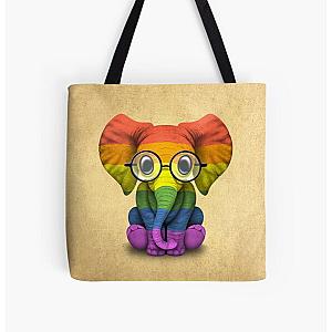 Rainbow Bags - Baby Elephant with Glasses and Gay Pride Rainbow Flag All Over Print Tote Bag RB1603