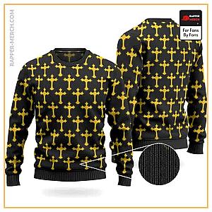 Tupac Shakur Sweatshirts - Gold Cross Exodus Tattoo Pattern 2Pac Black Wool Sweater RM0310