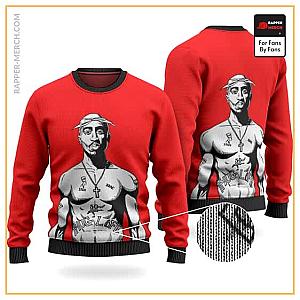 Tupac Shakur Sweatshirts - Unique Tupac With Body Tattoos Fan Art Red Wool Sweater RM0310