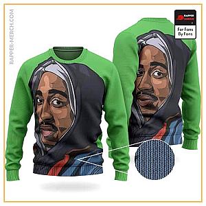 Tupac Shakur Sweatshirts - 2Pac Shakur Face Portrait Artwork Green Wool Sweatshirt RM0310