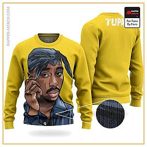 Tupac Shakur Sweatshirts - Iconic 2Pac With Head Bandana Art Yellow Wool Sweater RM0310