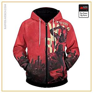 Travis Scott Zipped Hoodies - Hip Hop Icon Travis Scott Artwork Red Zipped Hoodie RM0410