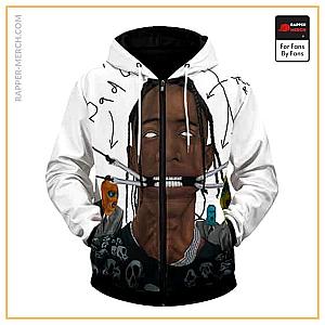 Travis Scott Zipped Hoodies - The Bad Guy Travis Scott La Flame Art White Zipped Hoodie RM0410