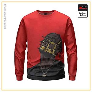 Travis Scott Sweatshirts - Travis Scott Gold Mask Cartoon Art Red Crewneck Sweater RM0410