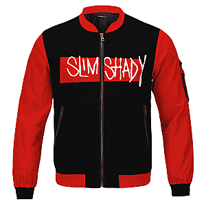 Eminem Jackets - Eminem Slim Shady Minimalistic Logo Black Red Varsity Jacket RM0310