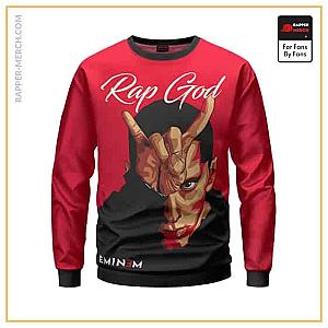 Eminem Sweatshirts - Rap God Eminem Iconic Devil Horn Pose Red Crewneck Sweater RM0310