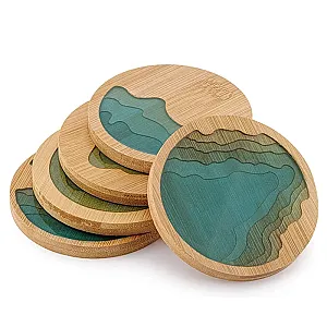 1 Pcs Pack Wood Coasters Round Ocean Wave Epoxy Resin and Bamboo Coaster Drink Mat Home Decorations